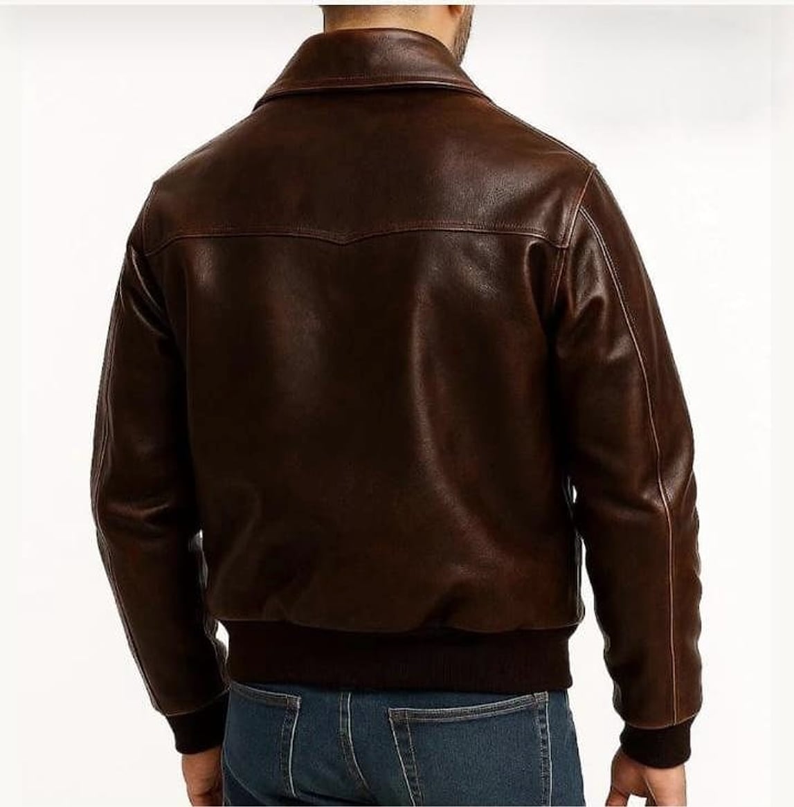 Close view of brown leather grain across the back of the A-2 Flight
