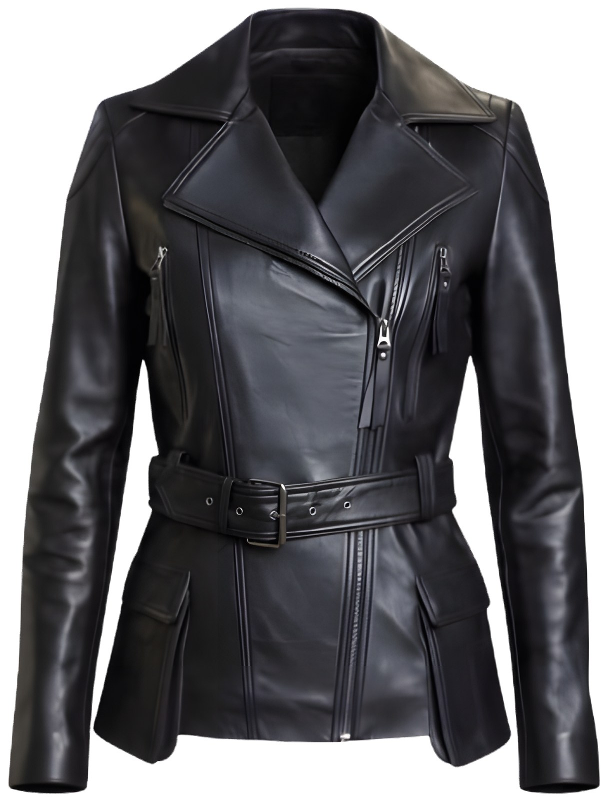 The Belted Biker in black leather, front